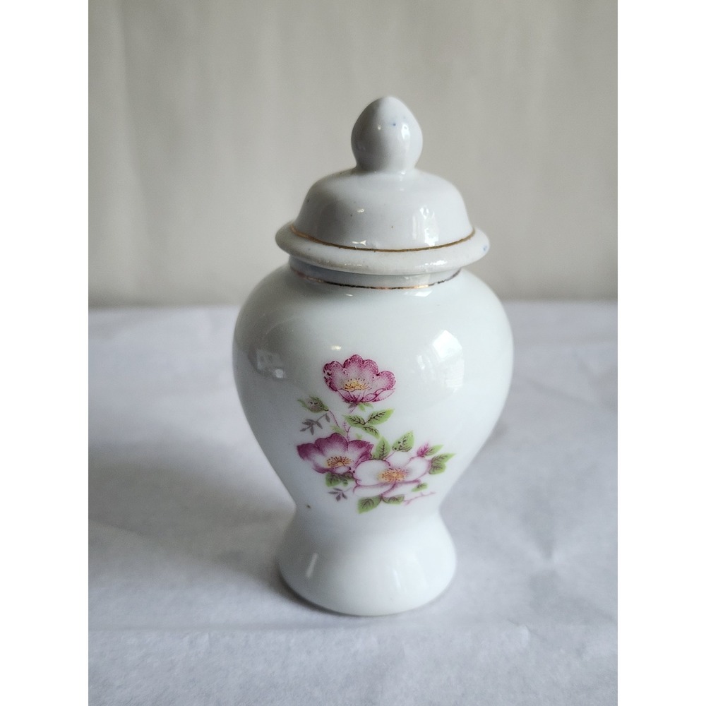 Vintage Miniature Porcelain Ginger Jar Pink Floral Gold Gilt Lidded Urn 4.75in